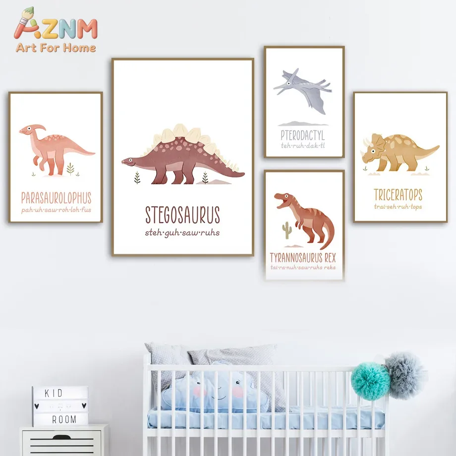 Kids Educational Poster - AZNM 귀여운 수채화 공룡 캔버스 벽