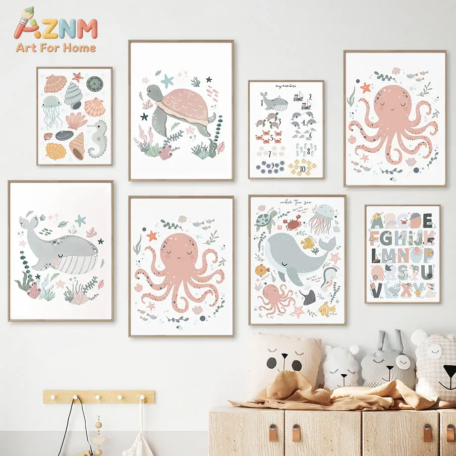 AZNM 보육원 바다 동물 캔버스 벽 예술 문어 고래  - Kids Educational Poster 리뷰 및 가격